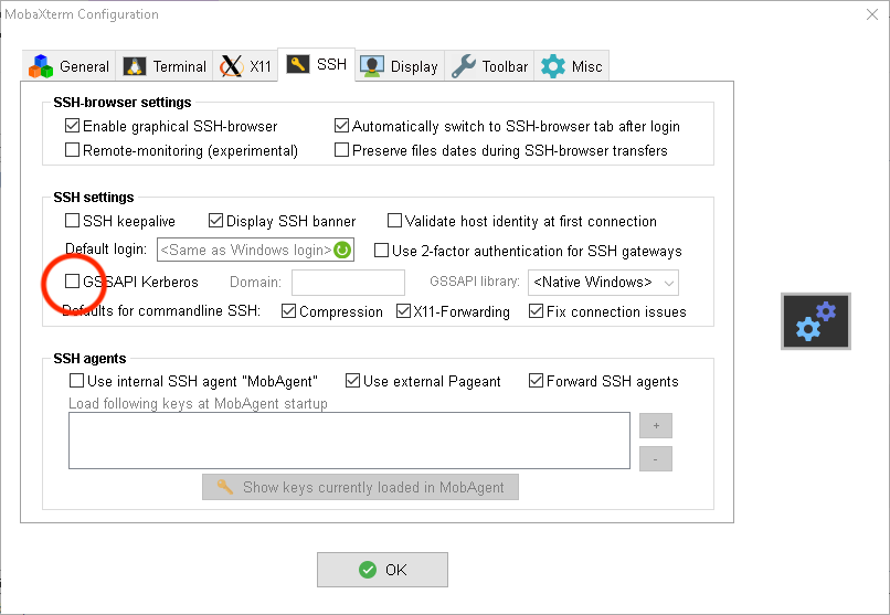 MobaXterm deselect GSSAPI